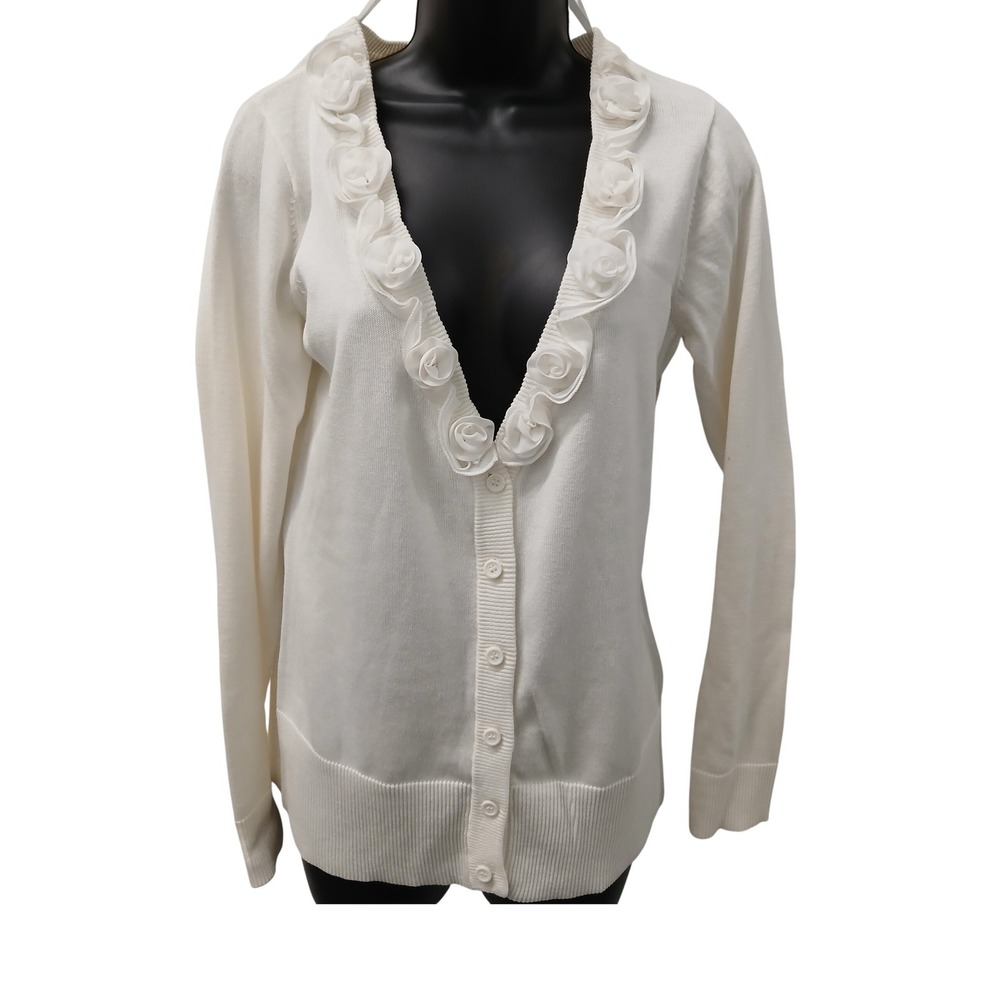 AB‎ Studio Womens Cream Rosette Trim V-Neck Button Front Cardigan Sweater Size M